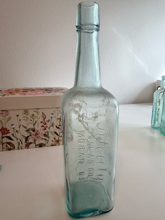 Other - Antique Embossed Aqua Glass Bottle - Salad Oil